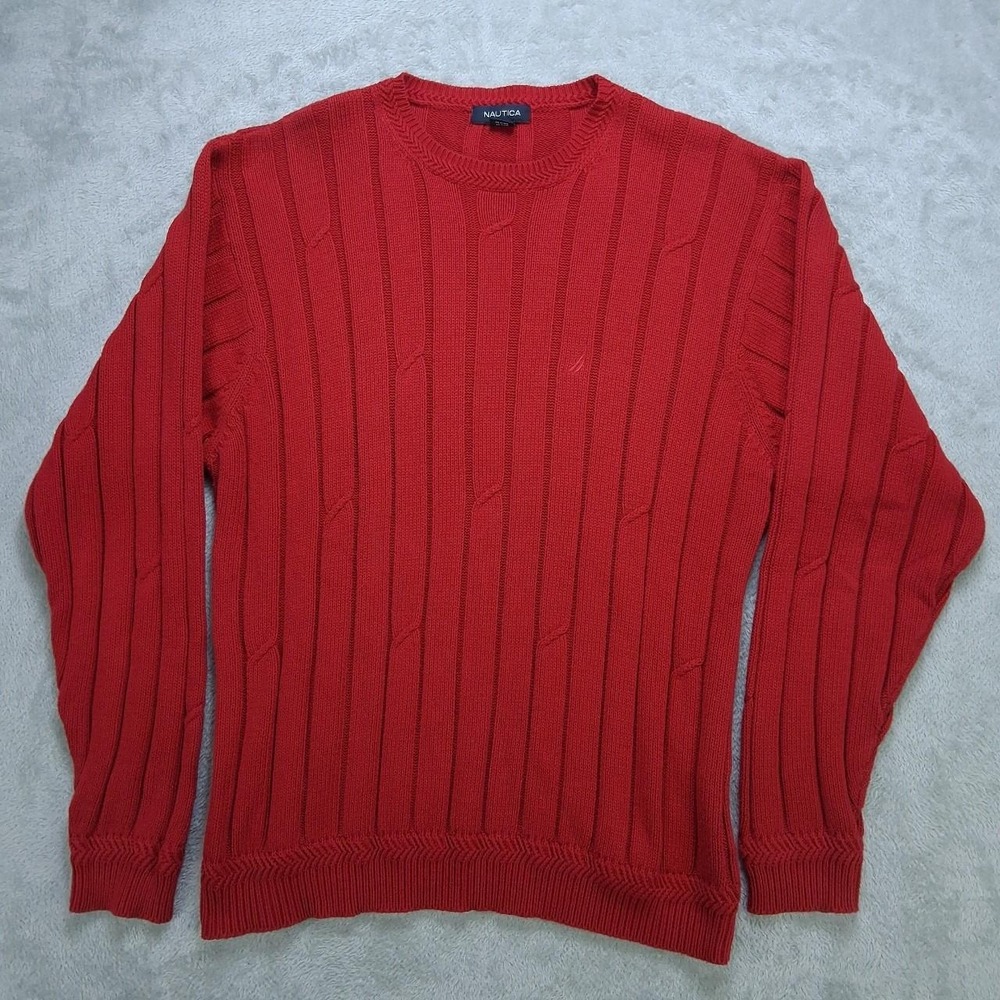 Nautica Mens Red Cotton Knit Crewneck Sweater XL Preppy Coastalcore